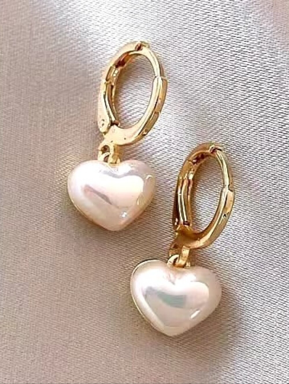 Gold Pearl Heart Hoop Earrings - Minimalist White Pearlescent Hearts Jewelry